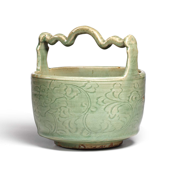 A CARVED LONGQUAN BASKET-SHAPED WATER CONTAINER, MIZUSASHI