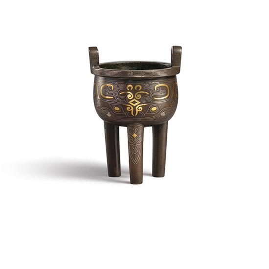 A SMALL BRONZE ‘DING’ CENSER WITH GOLD AND SILVER INLAY